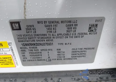 2017 Chevrolet Traverse 2Lt z USA, uszkodzony, nr VIN 1GNKRHKD2HJ275931